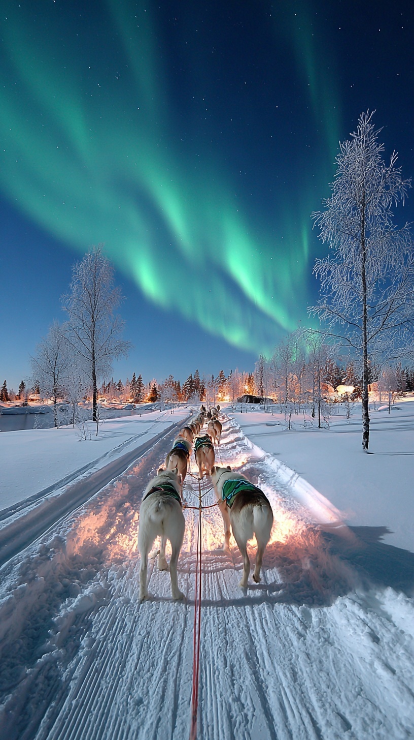 Reindeer Illuminate Sled Dog Trails Under Auroras