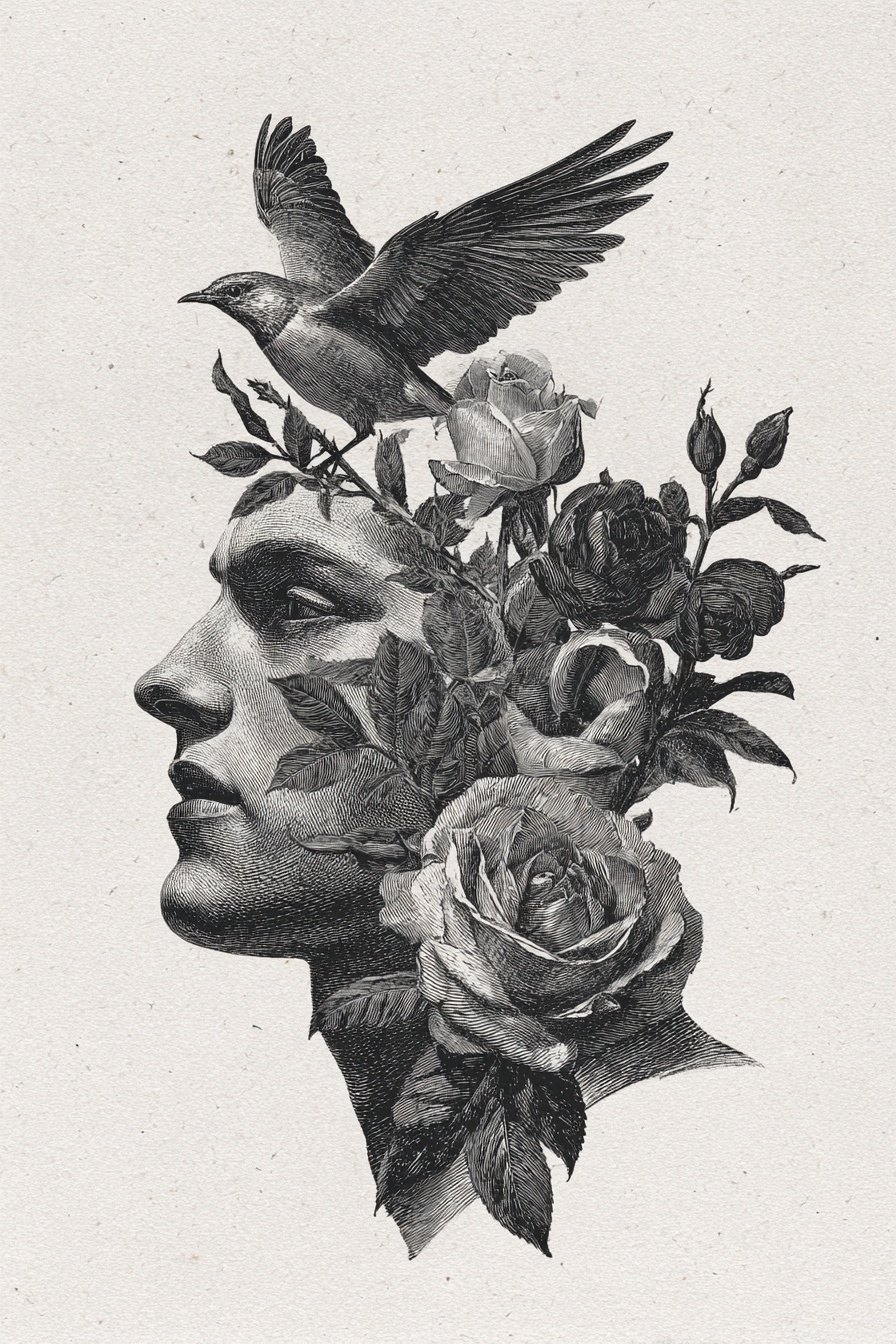 Surreal Vintage Art: Gentleman with Bird & Florals
