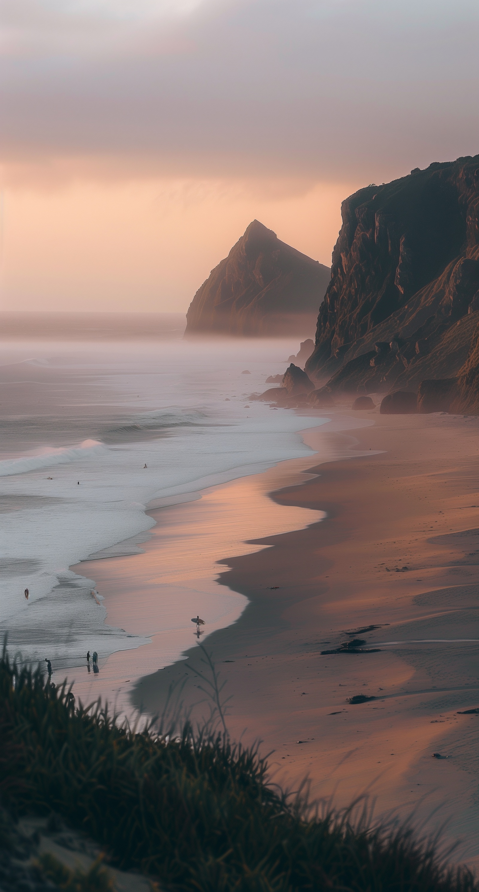 Golden Hour Beach: Surfers, Mountain, Kodak-Style Photography