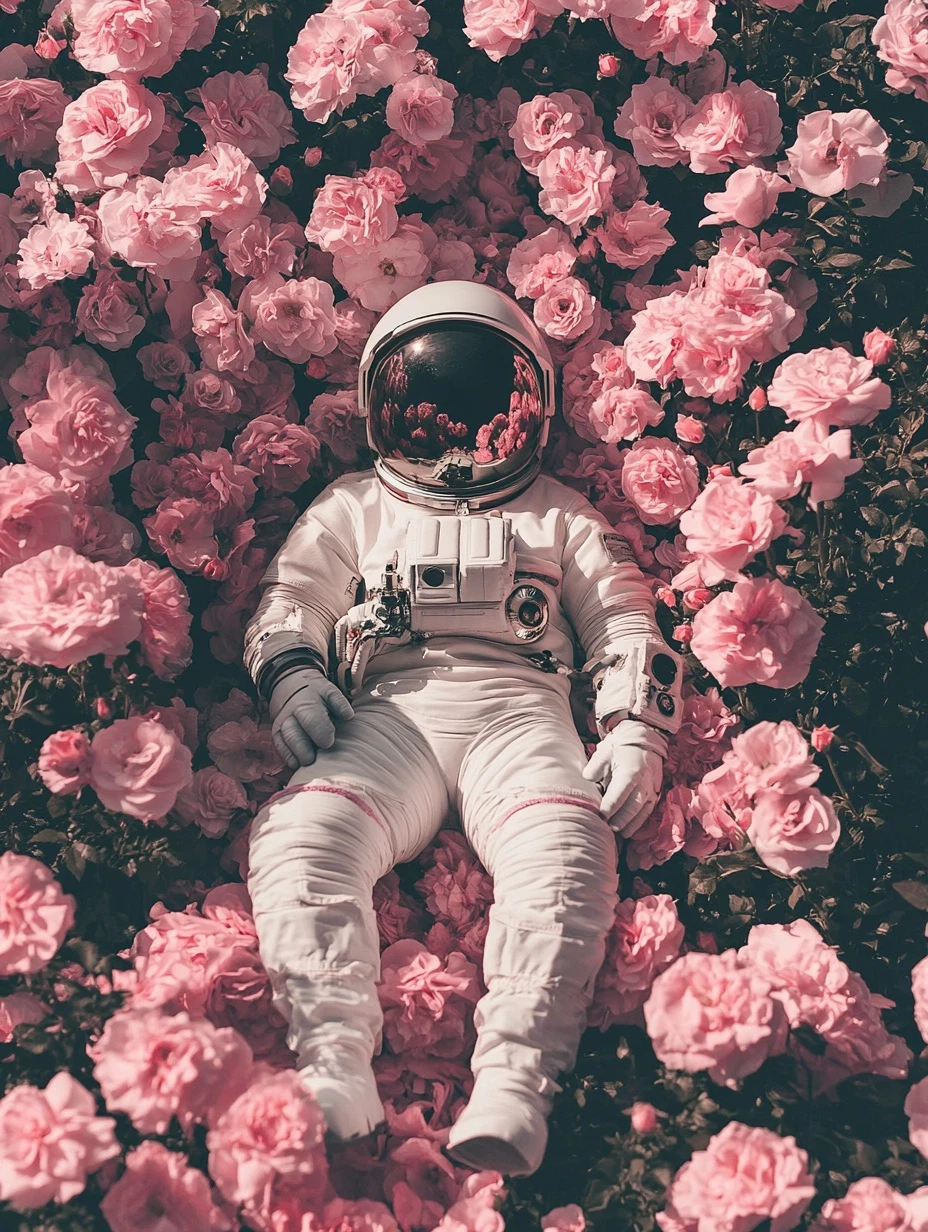 Dreamy Astronaut Among Pink Roses - Stunning Visuals