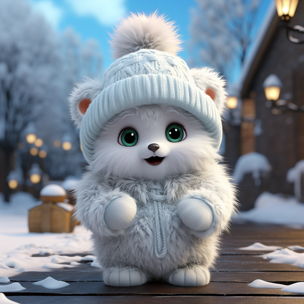 Snowy Winter Fairytale: Adorable Pixar-Style Baby Bear in Cyan Hat