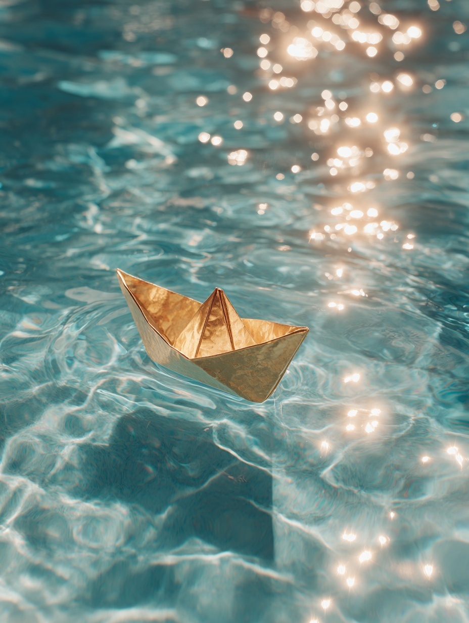 Elegant Golden Origami Boat on Pool's Surface