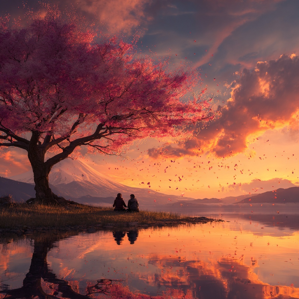 Romantic Sunset under Peach Blossoms