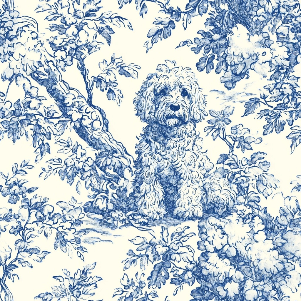 Elegant Blue & White Labradoodle Toile Pattern