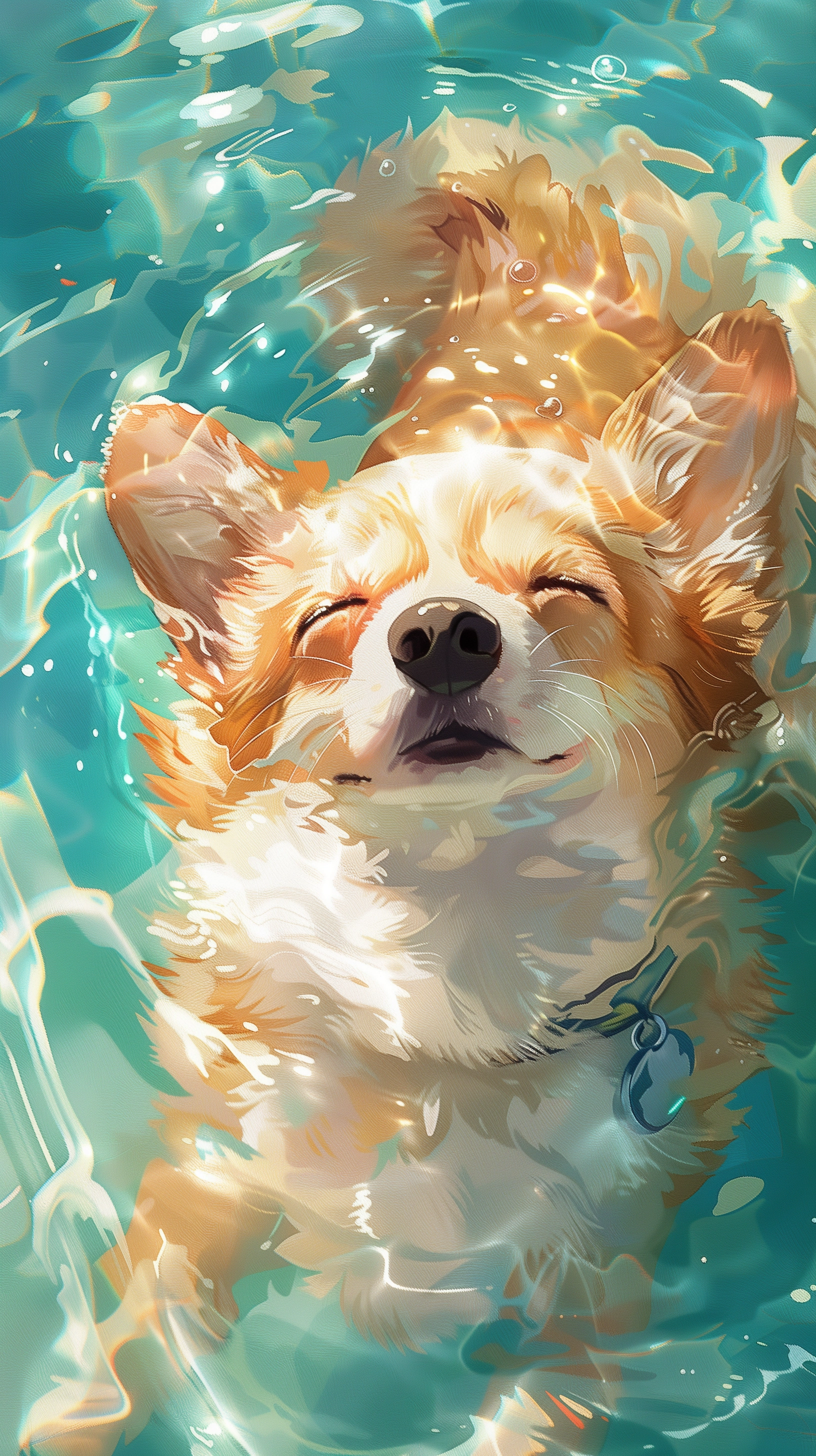 Colorful Japanese Animation: Cute Corgi Swimming in Crystal Clear Water