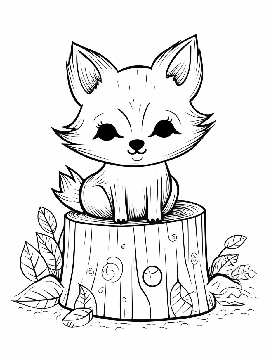 Color a Cute Kawaii Fox on a Stump