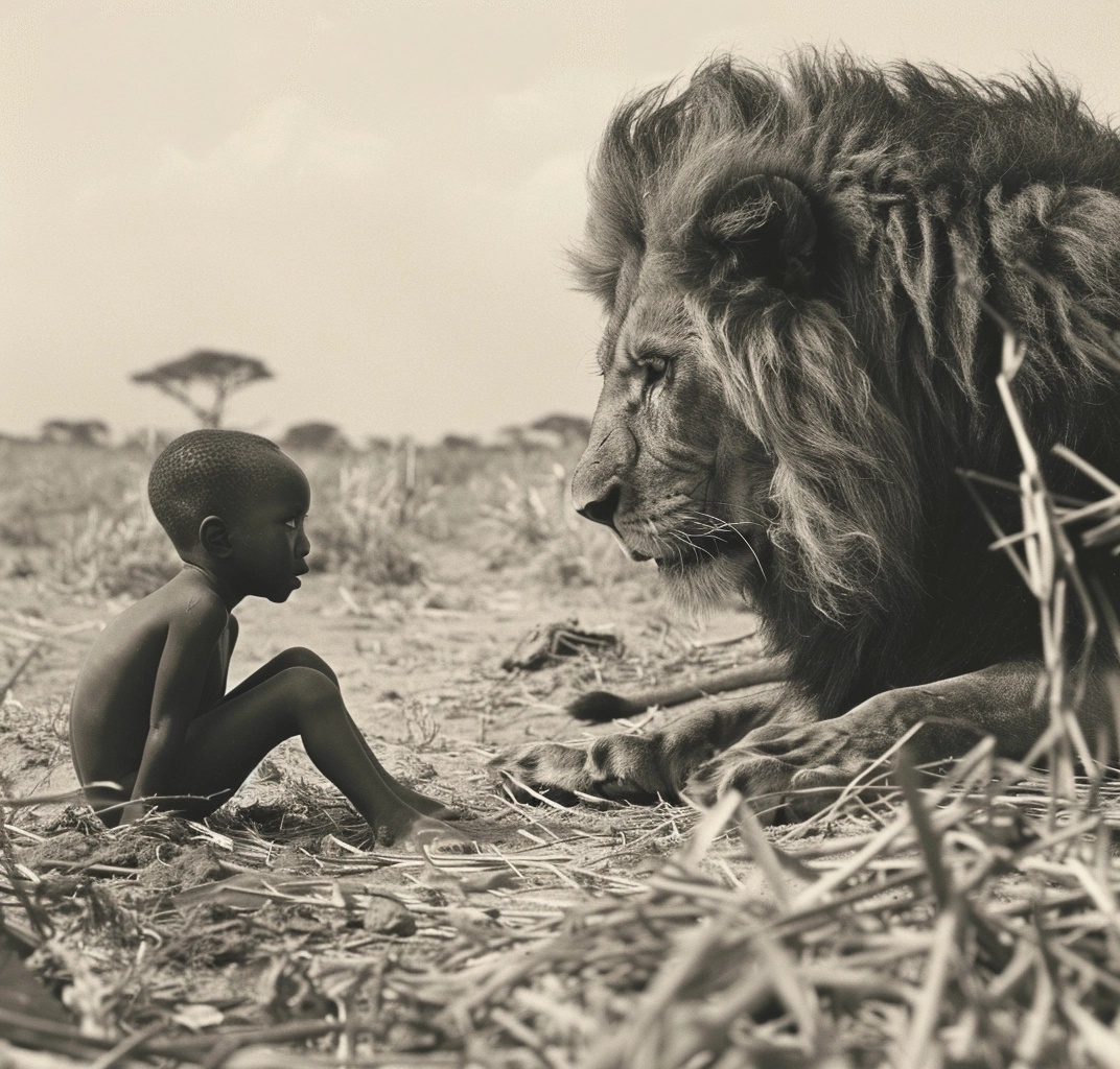 Captivating Photo: Skinny Child and Lion in Africa