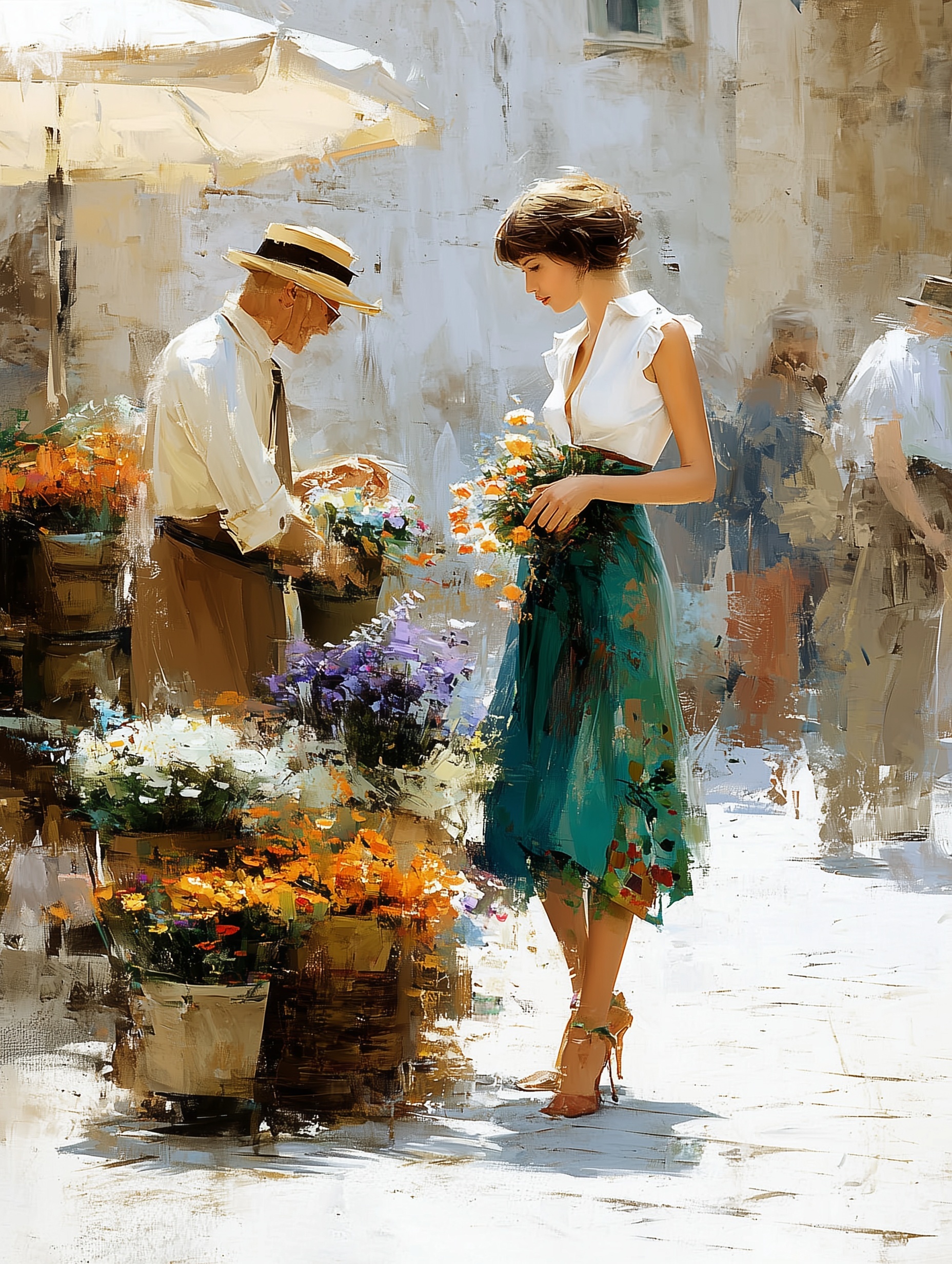 Charming Summer Scene: Young Lady Buys Flowers
