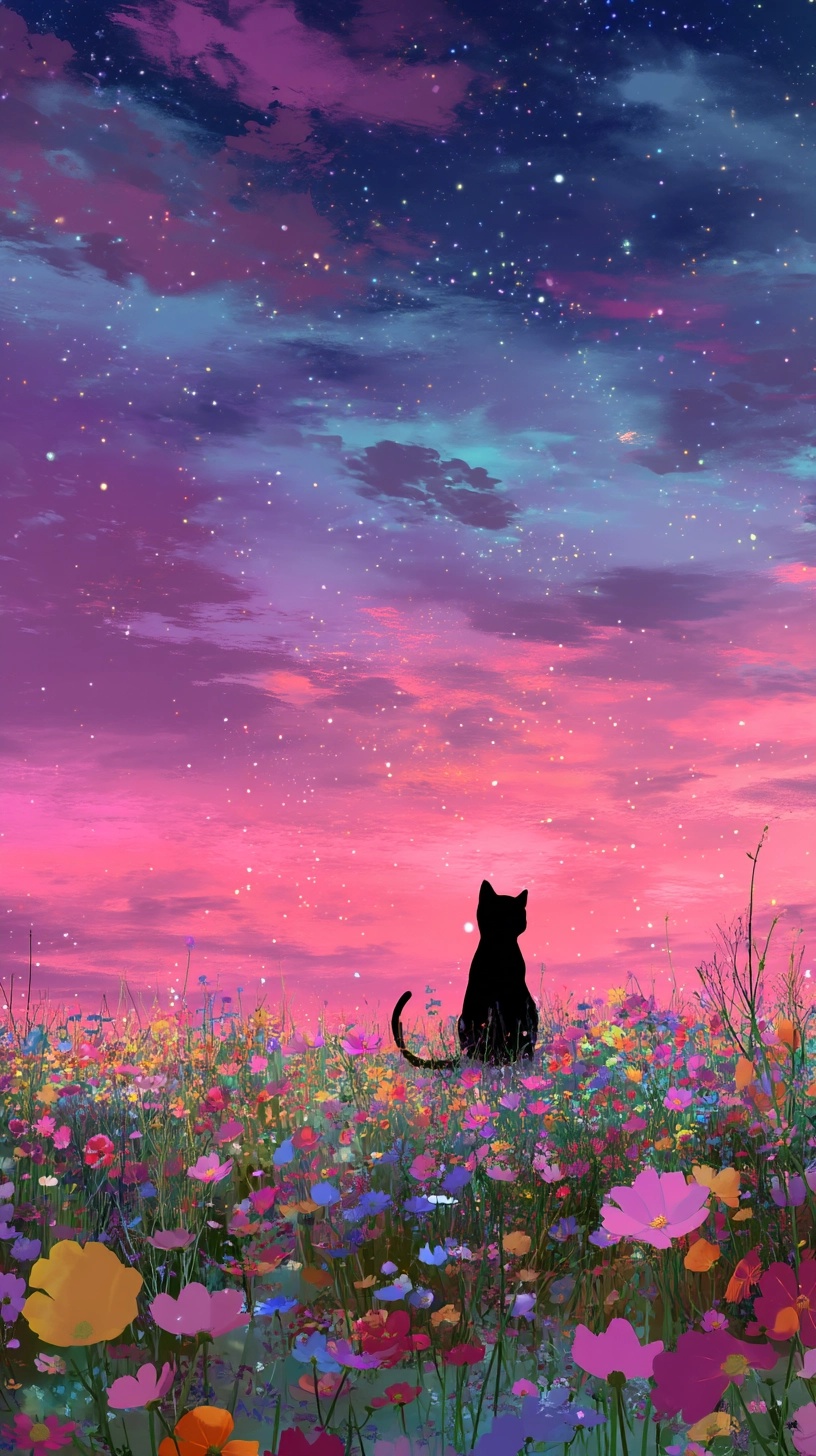 Enchanted Black Cat in Floral Dreamscape