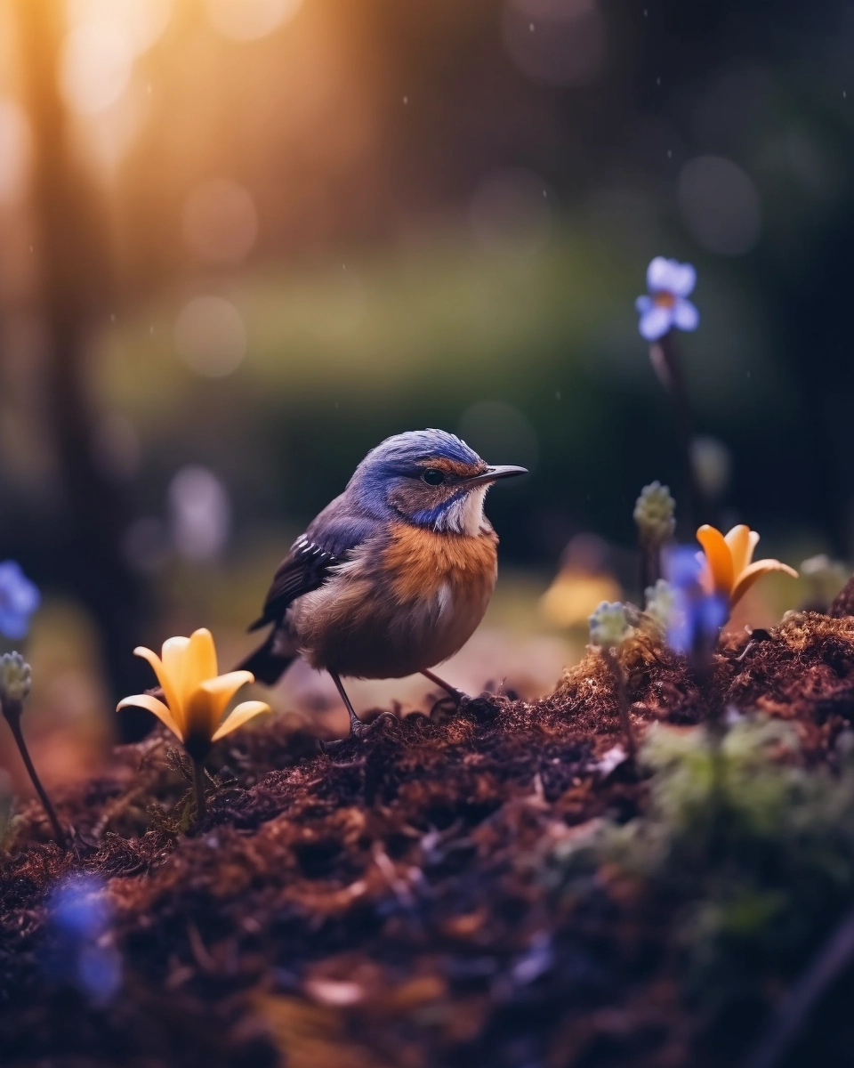 Forest Bird and Star Flower: A Charming Morning Scene