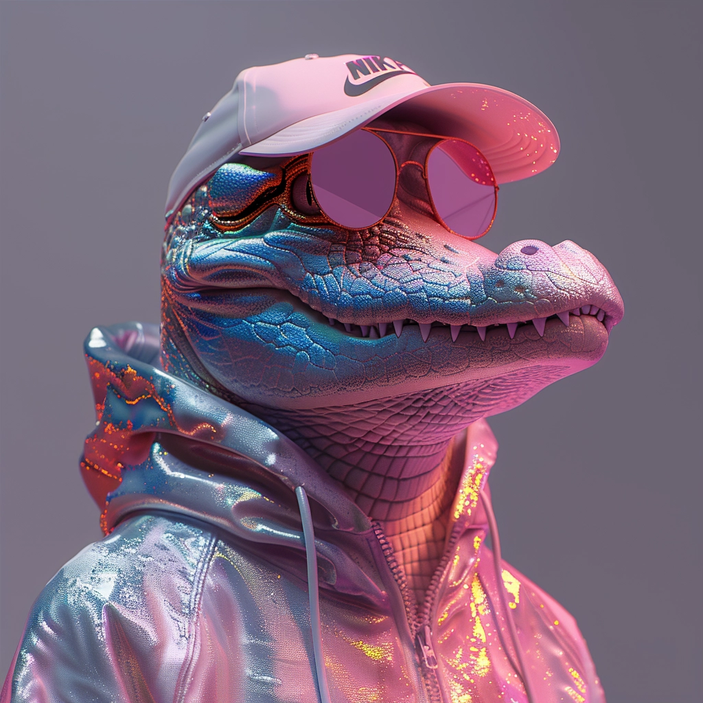 Crocodile Boss: 3D Cartoon Character in Nike Sun Shirt - Y2K Style, WitchPunk, Metallic Feel