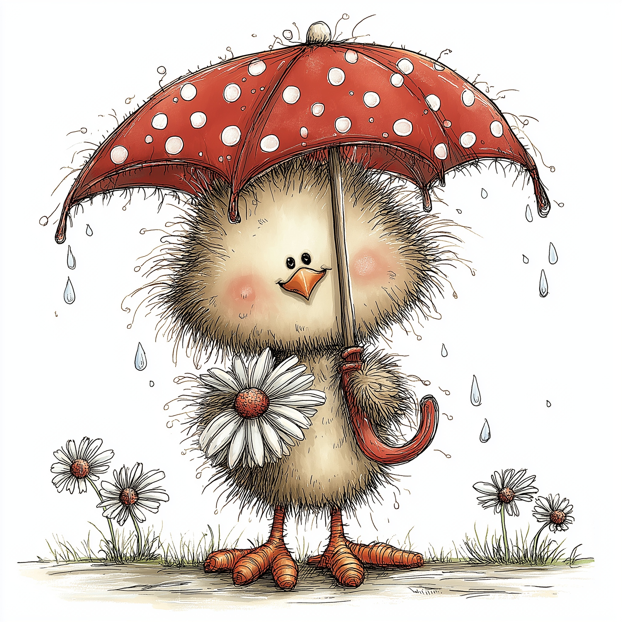 Whimsical Baby Chick with Daisy Umbrella Clipart