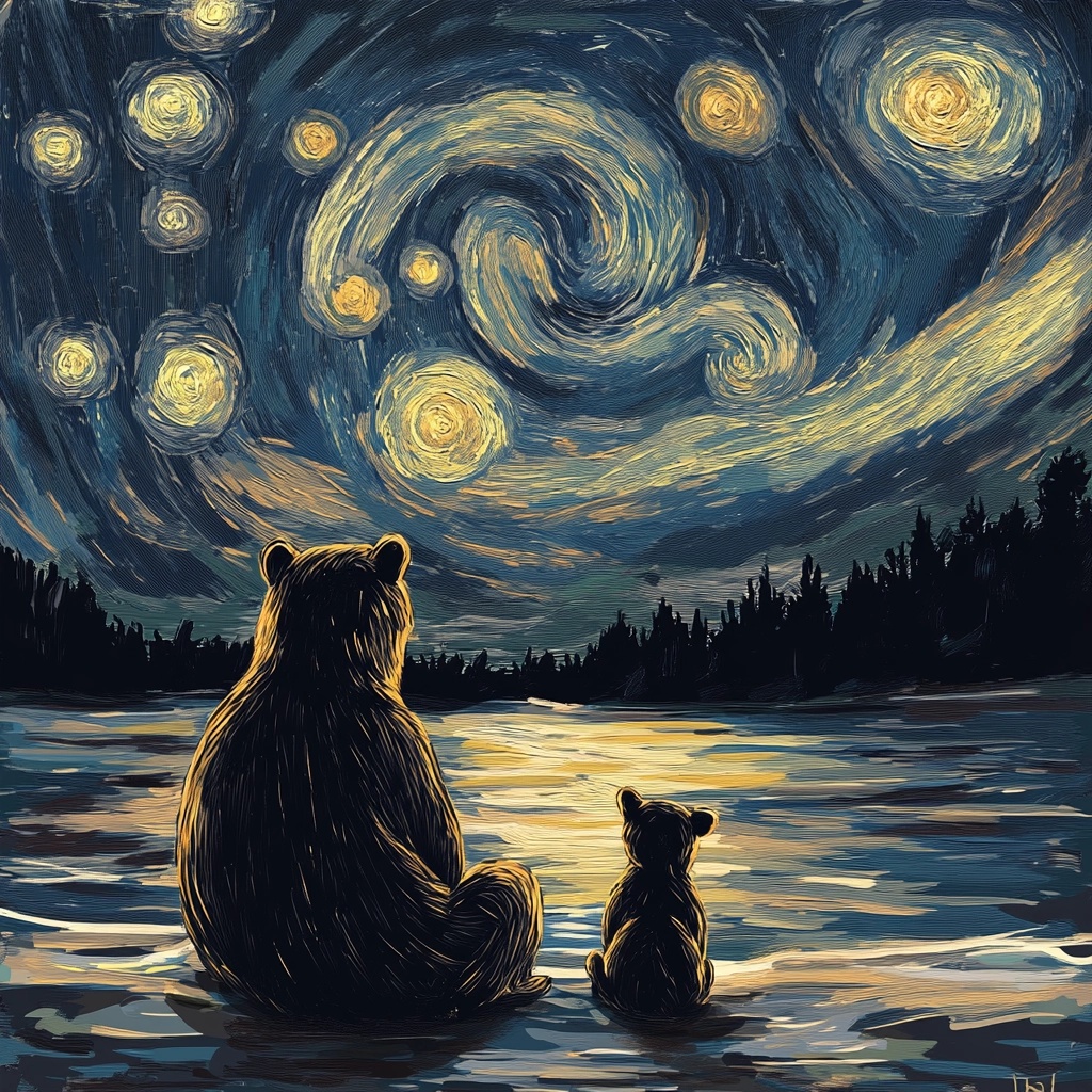 Bear Duo Under Starry Night Sky: A Doodle Delight