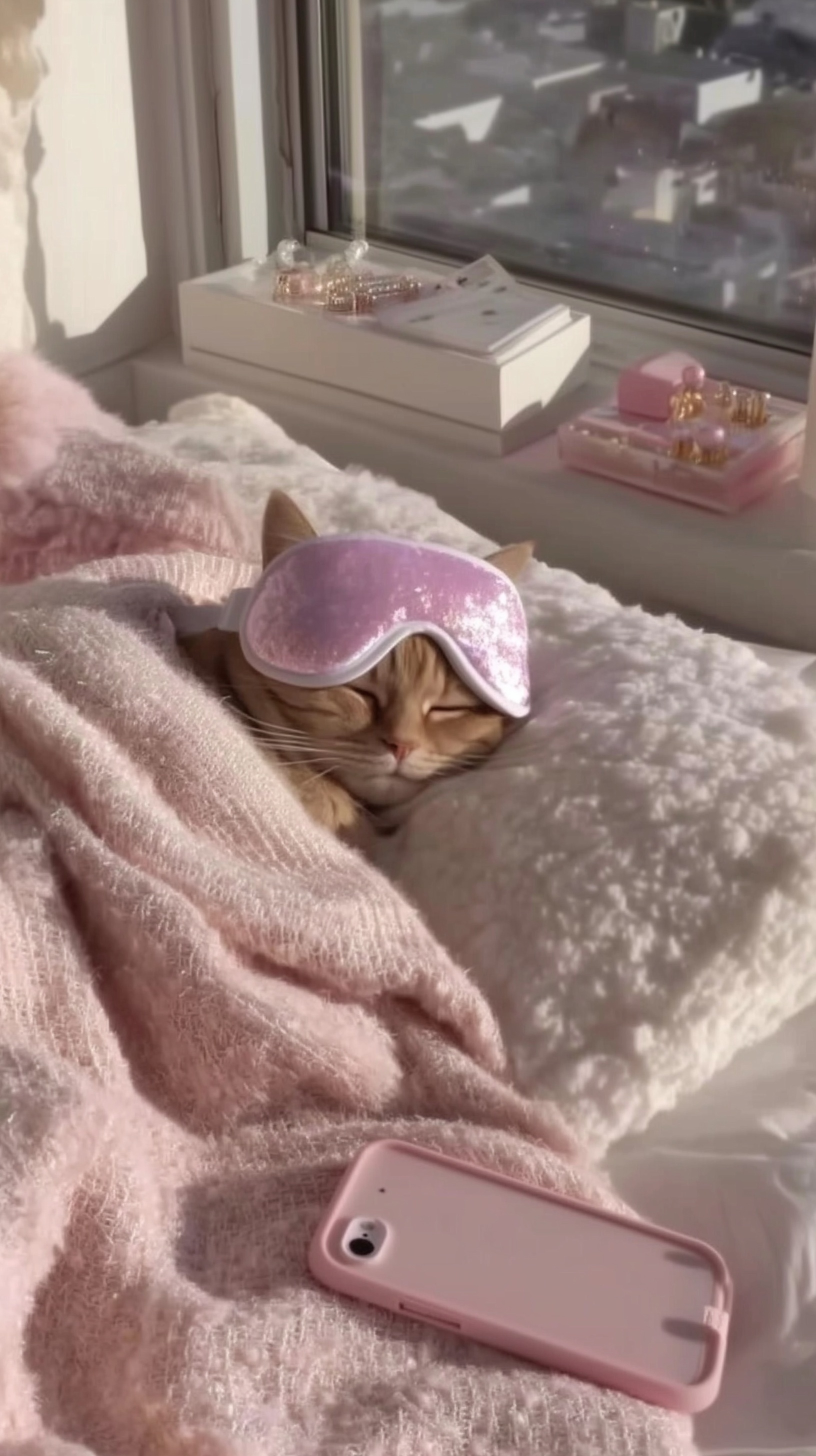 Cozy Cat in Pink: Adorable Morning Vibes
