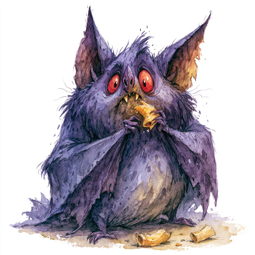 Whimsical Purple Bat Eating Macaroni Illustration