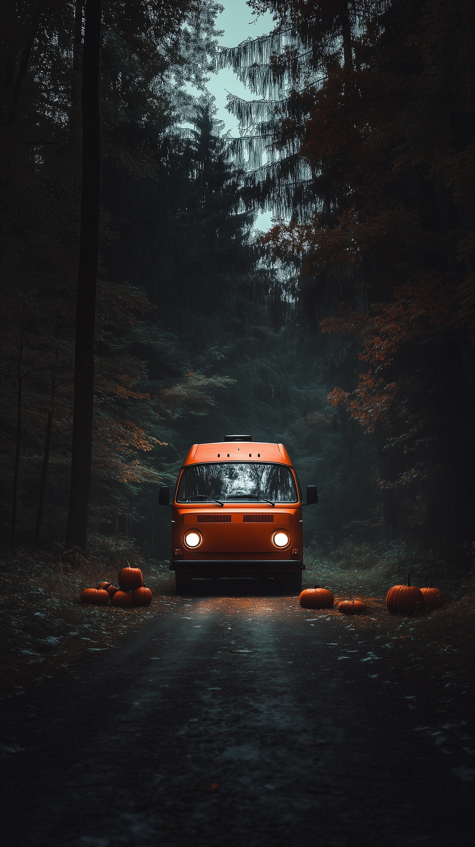 Spooky Night: Orange Camper Van in Haunted Forest