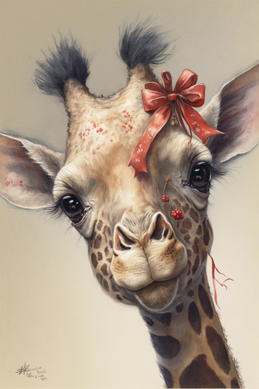 Adorable Giraffe Selfie with Red Bow - Watercolor Art