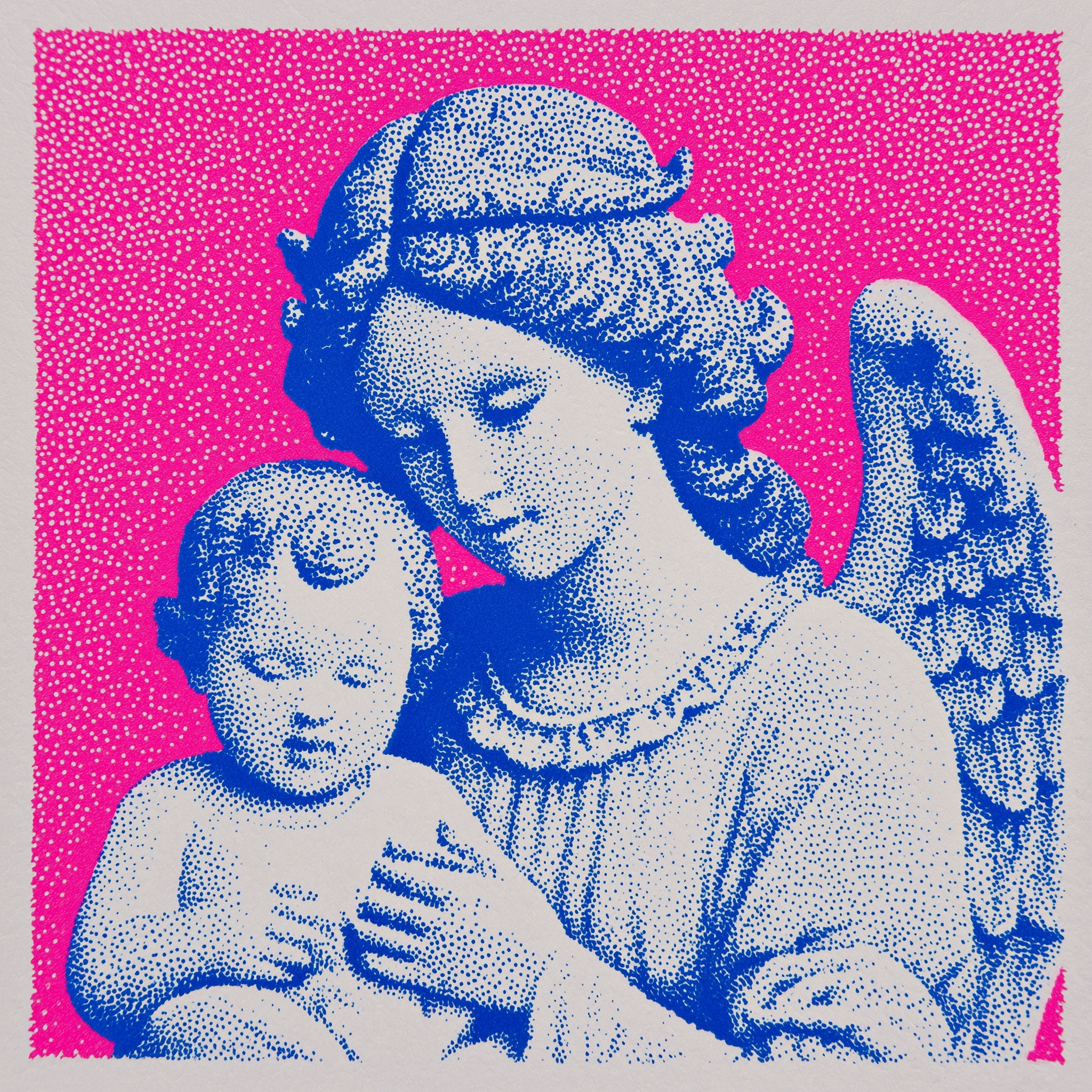 Retro Rubber Stamp Art: Angel Embracing Baby