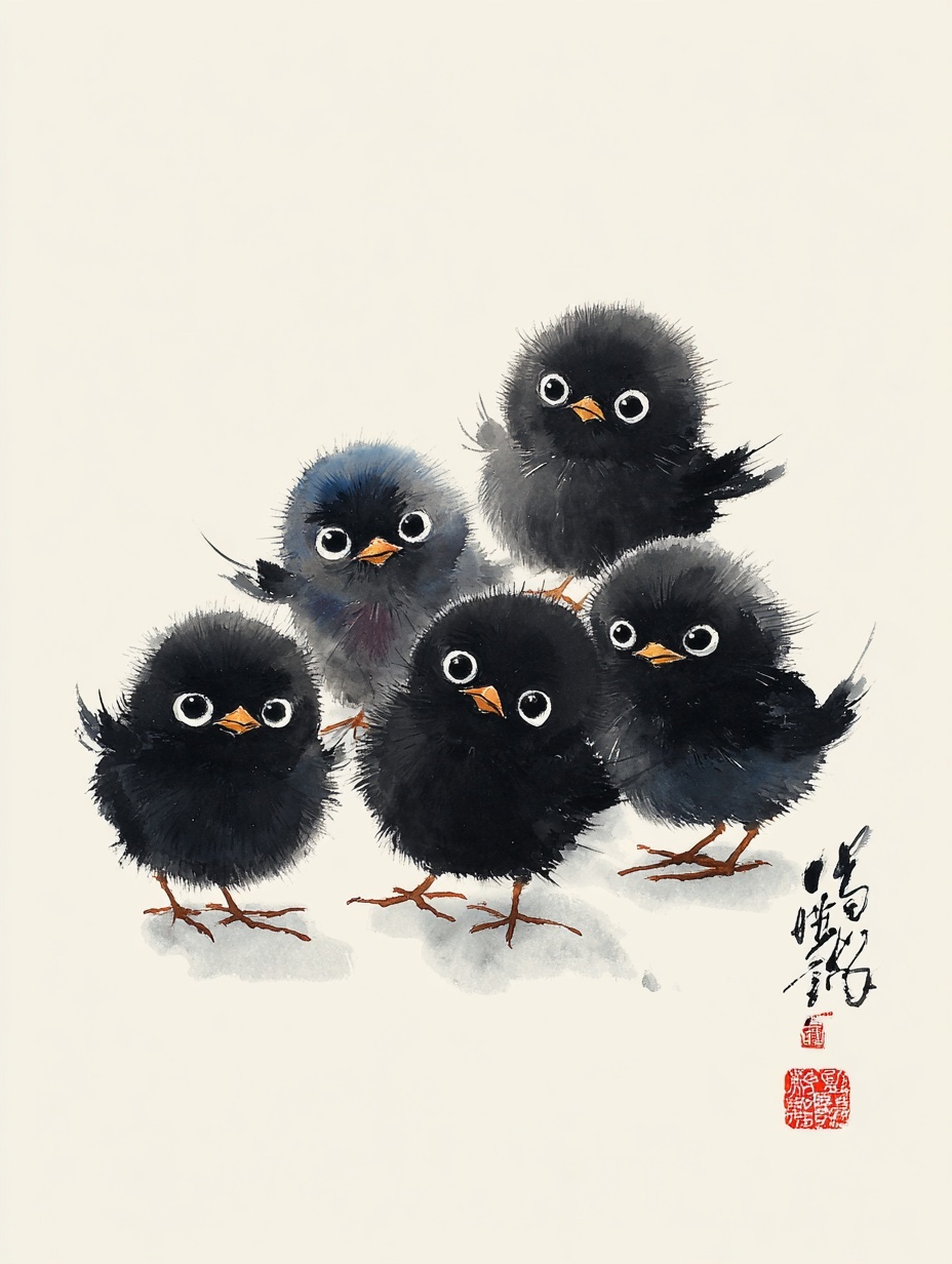 Whimsical Chicks: Playful Chinese Ink Art