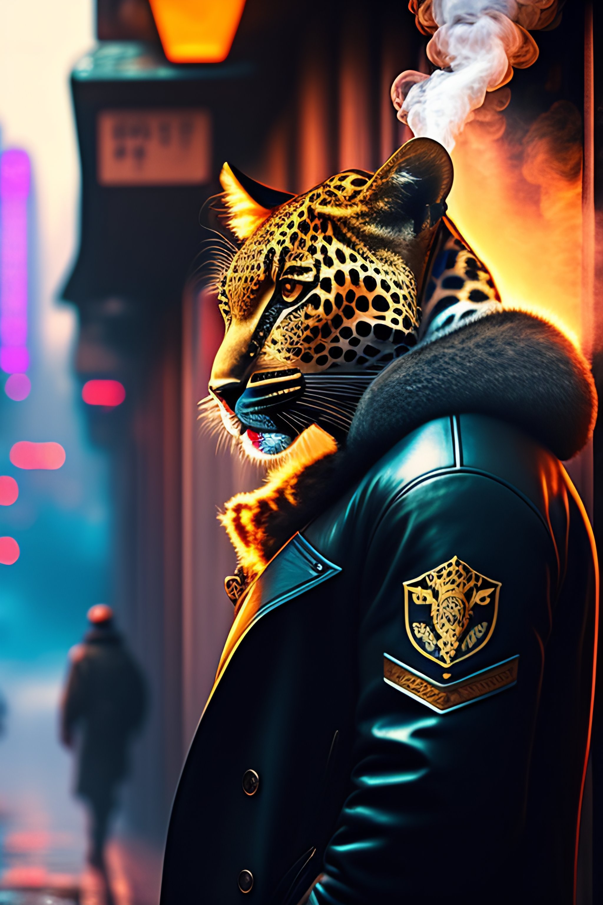 Cyberpunk Mercenary Leopard in Smoking Alley