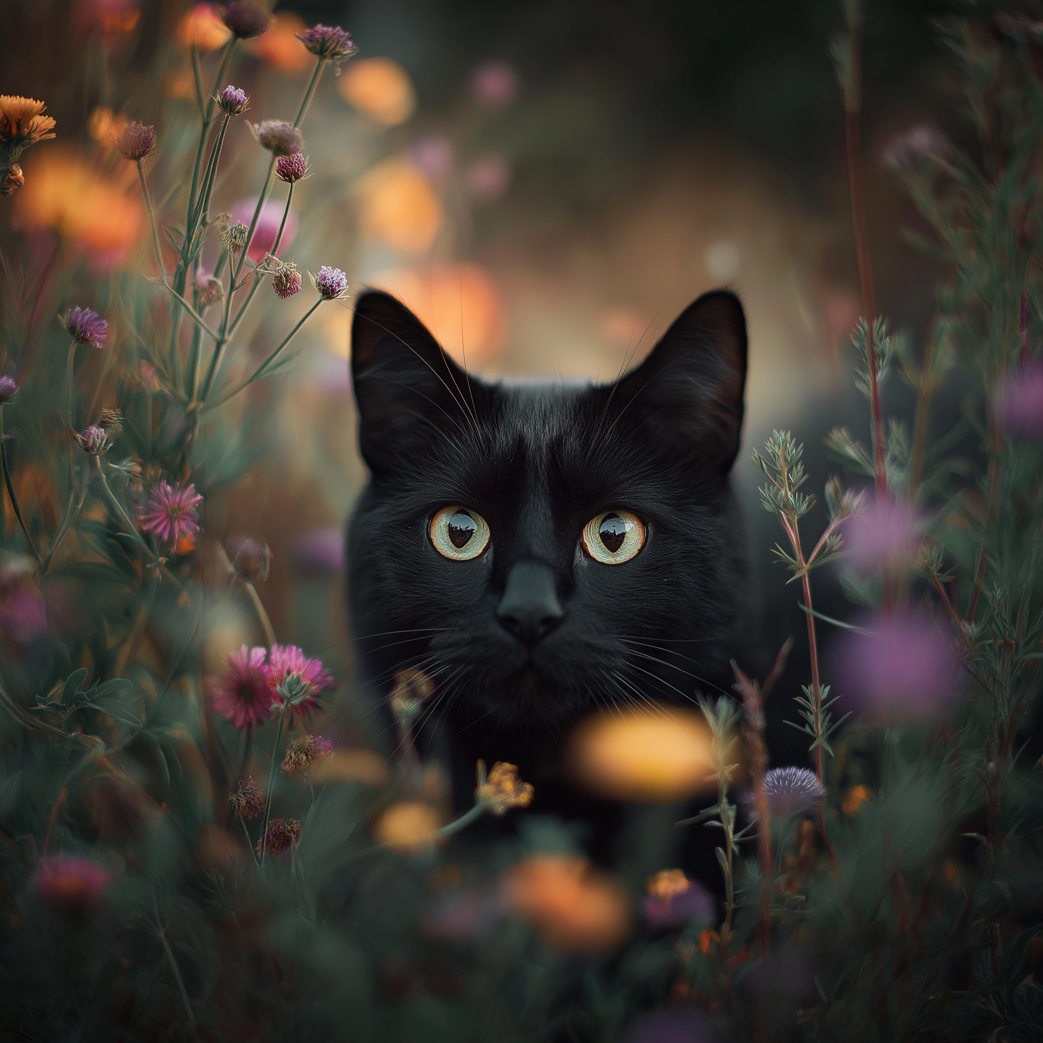 Moody Black Cat in Wildflowers at Dusk