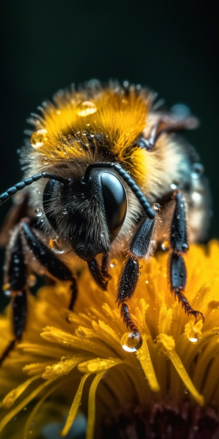 Fuzzy Bumblebee on Dewy Dandelion - High-Def Macro Photo