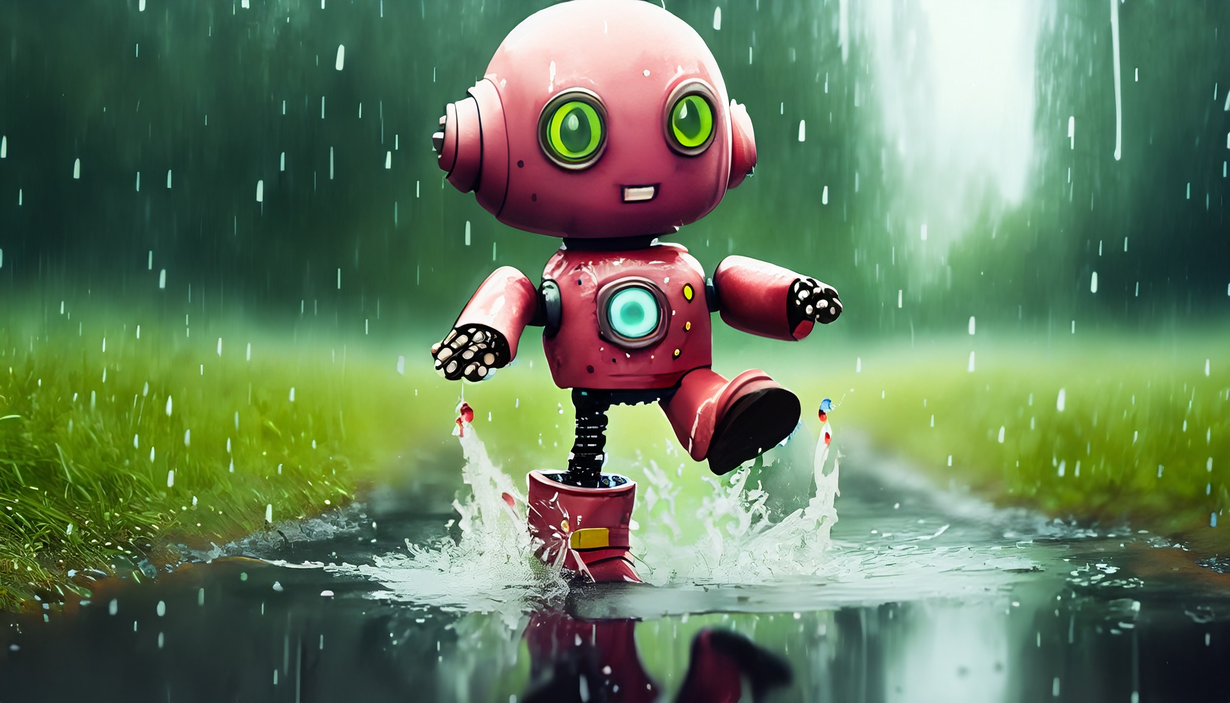 Adorable Robot in Galoshes: Fantasy Painting for Rainy Days