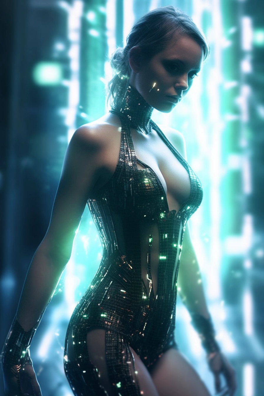 Futuristic Borg Fashion: LED Lace Dress with Sexy Pose