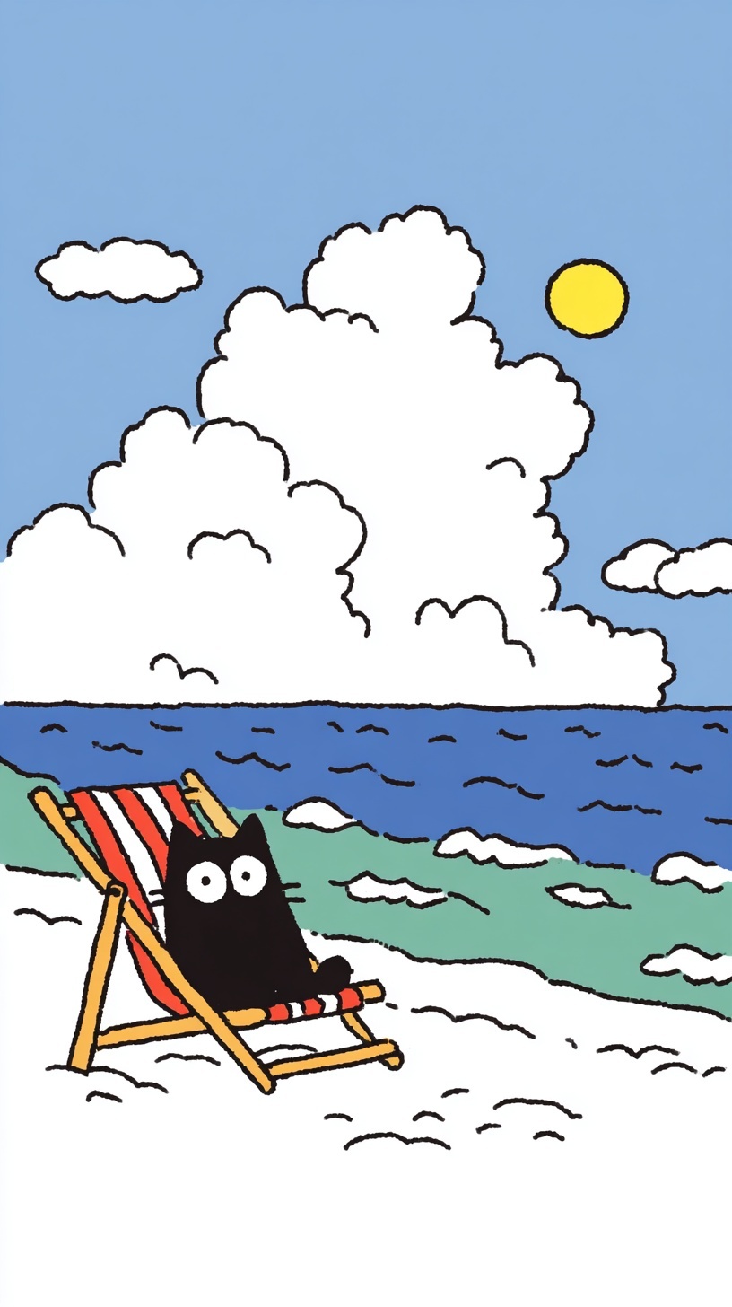 Relaxing Black Cat on a Beach Chair
