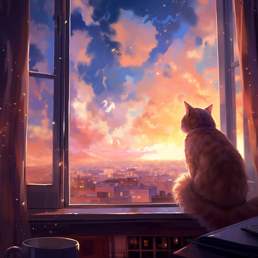 City Cat Gazing at Cosmic Sunset