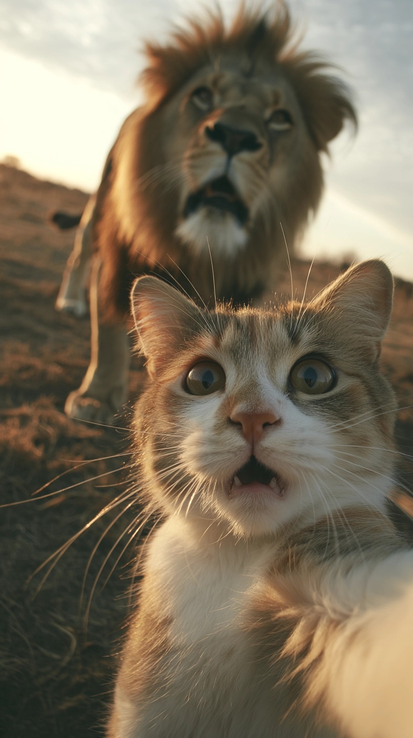 Surprised Cat's Selfie with Majestic Lion Nearby