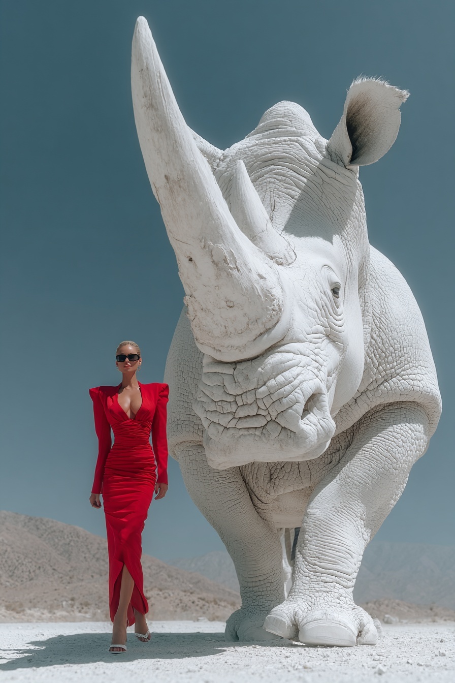 Elegant Woman & Majestic Rhino: A Striking Portrait