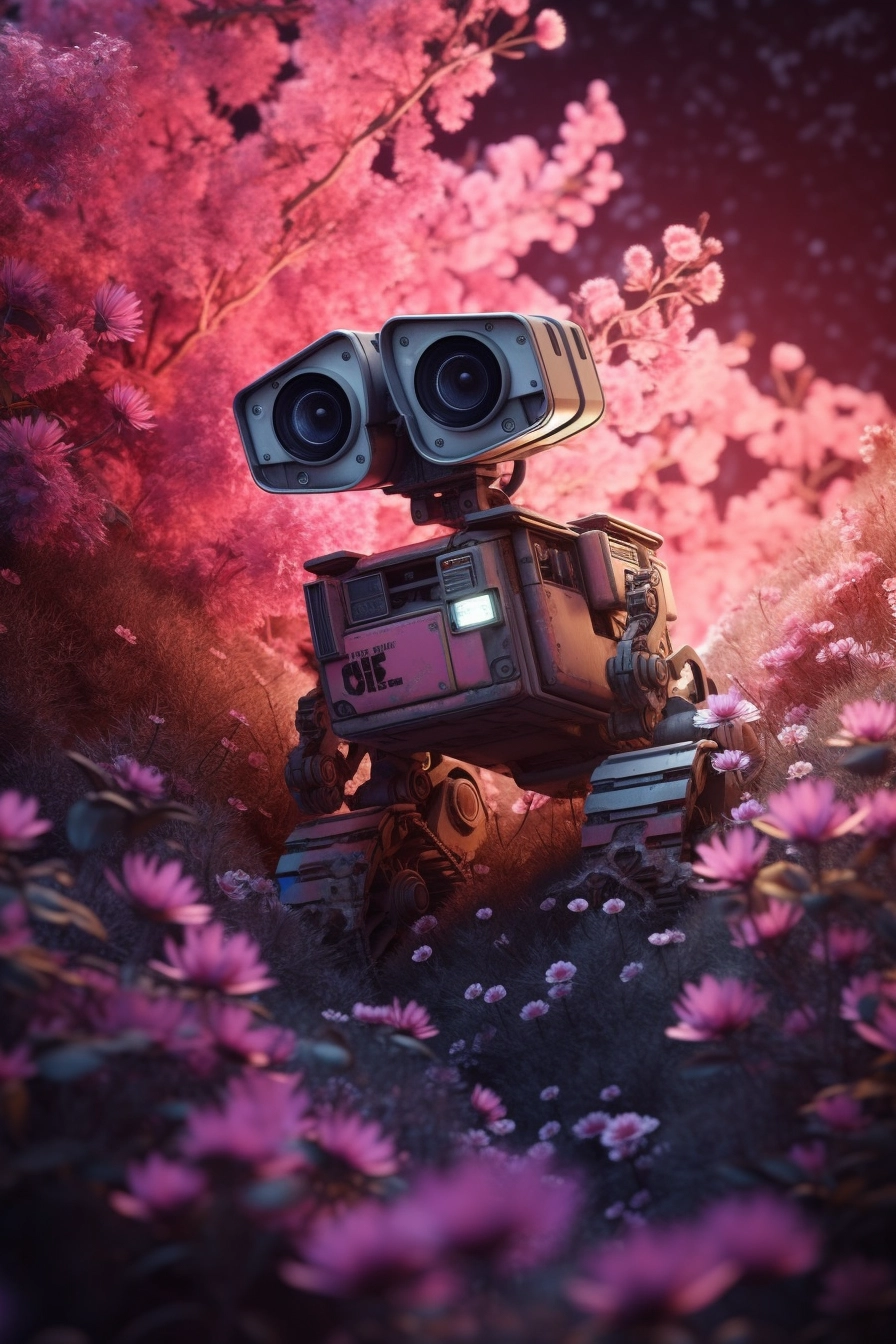 Wall-e amidst blooming pink flowers