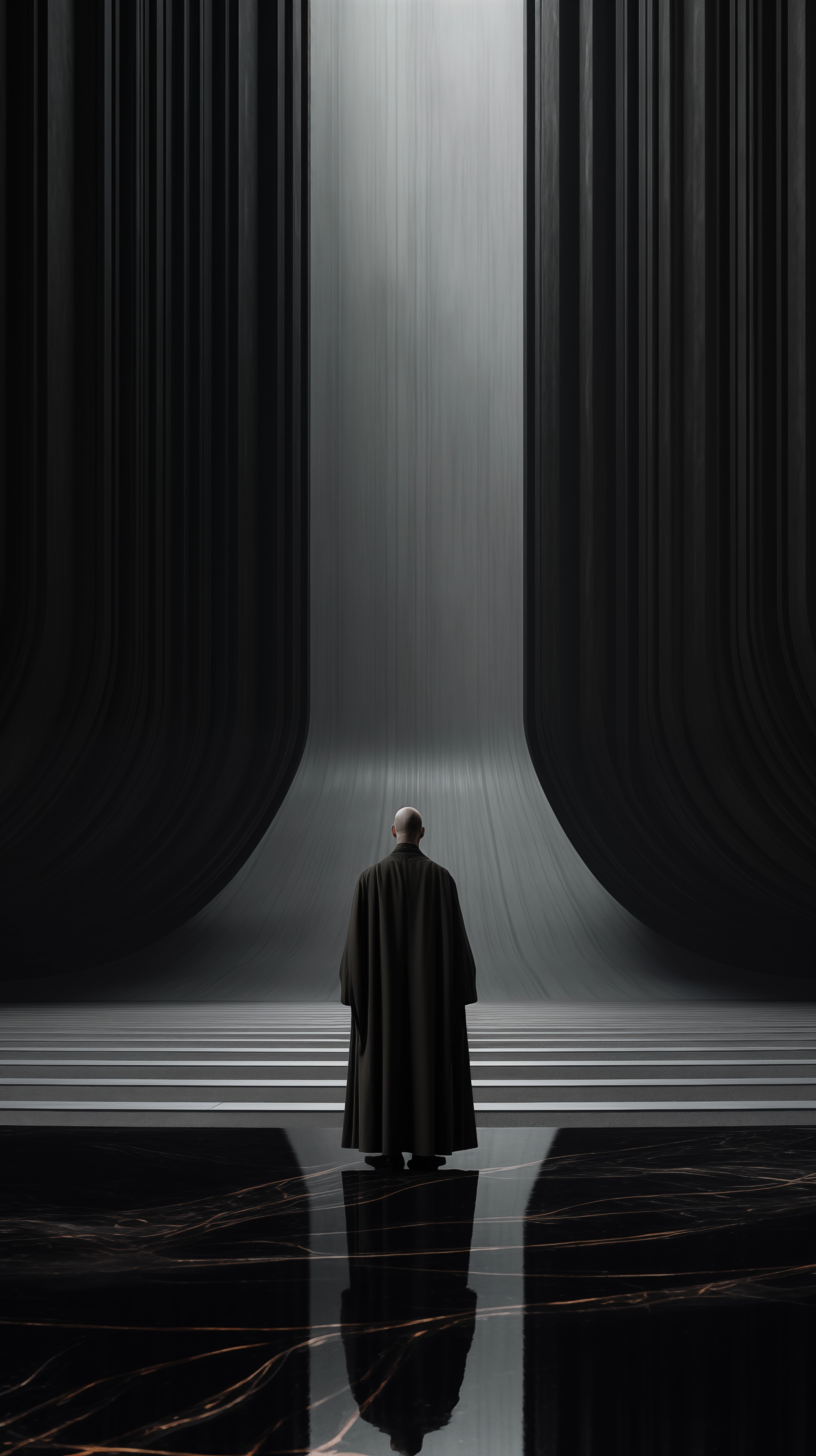 Minimalistic Geometric Room with Monk in Black Leather Robe