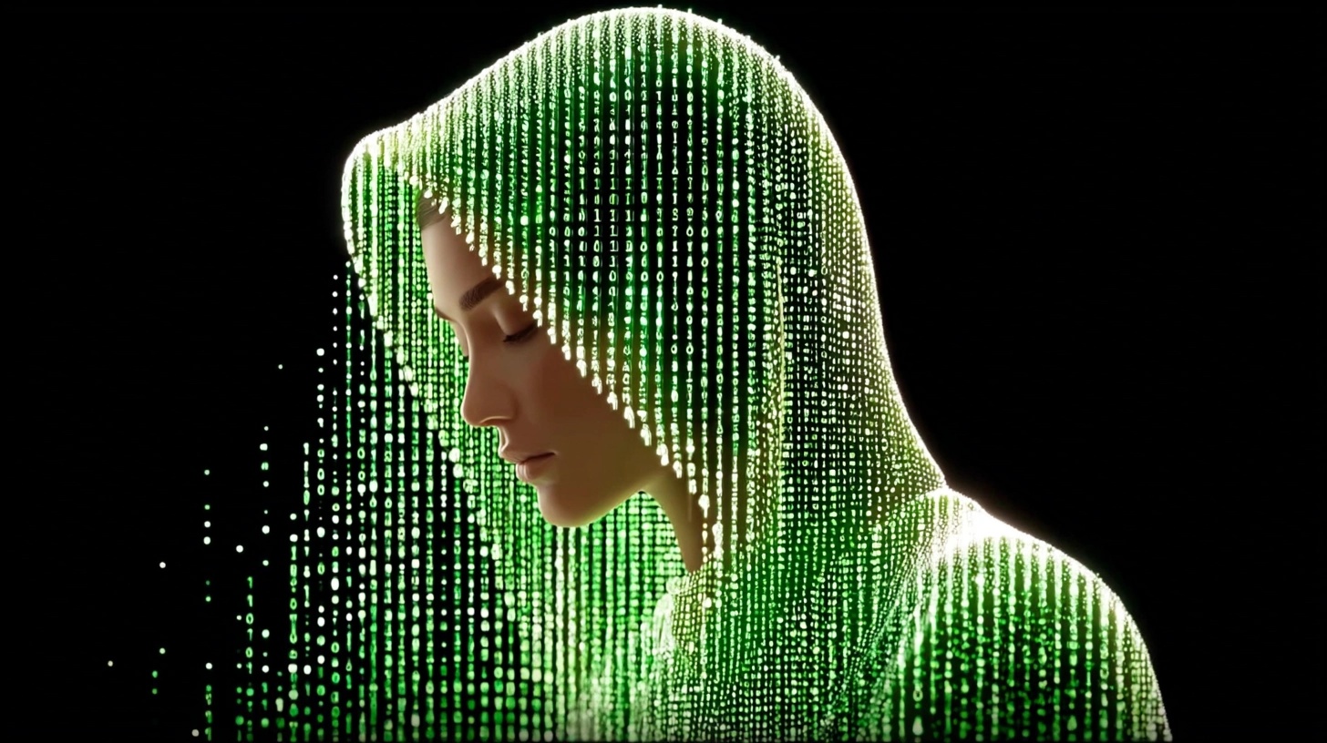 Enigmatic Woman Enveloped in Binary Code