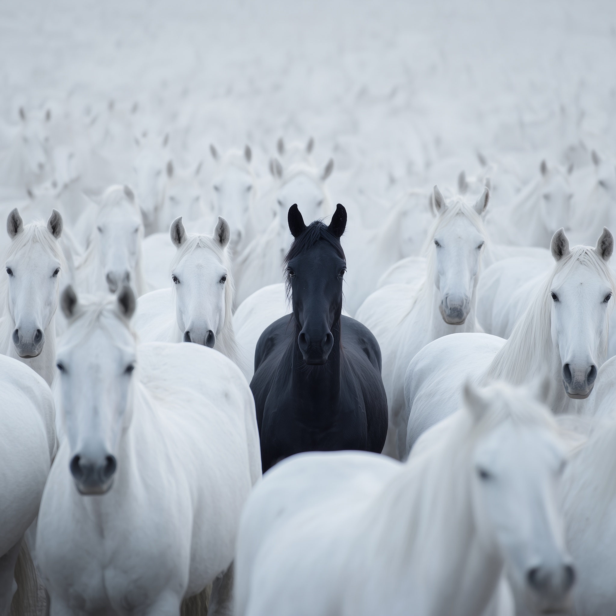 Black Horse Among Endless White Herd: A Stunning View