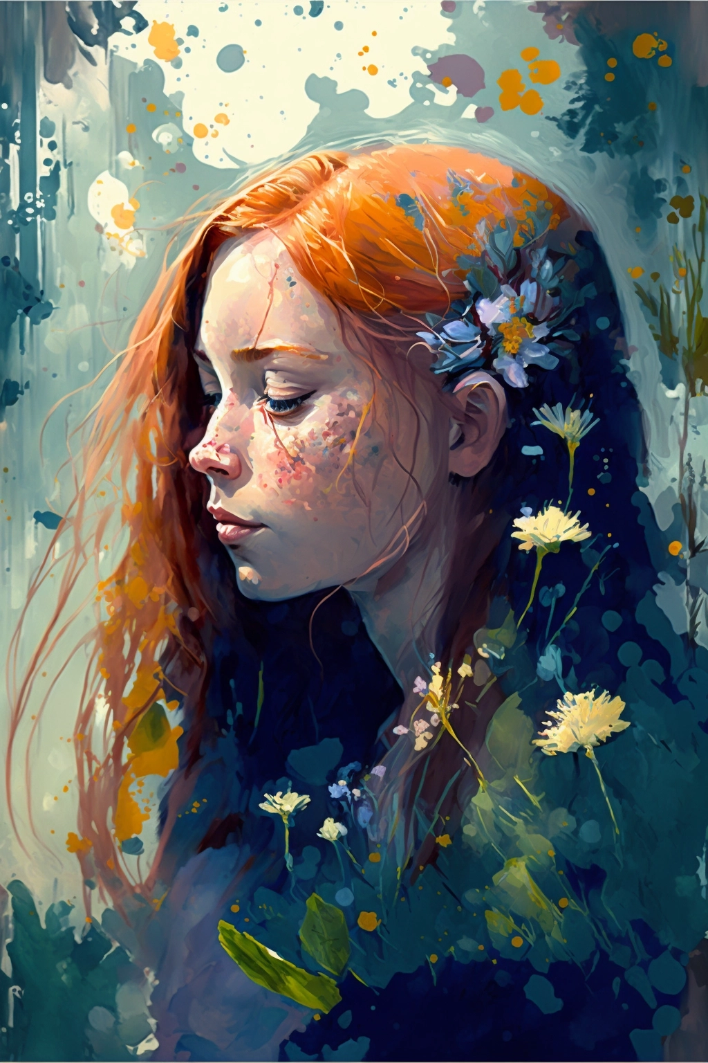 Abstract Ginger Girl Smelling Flowers