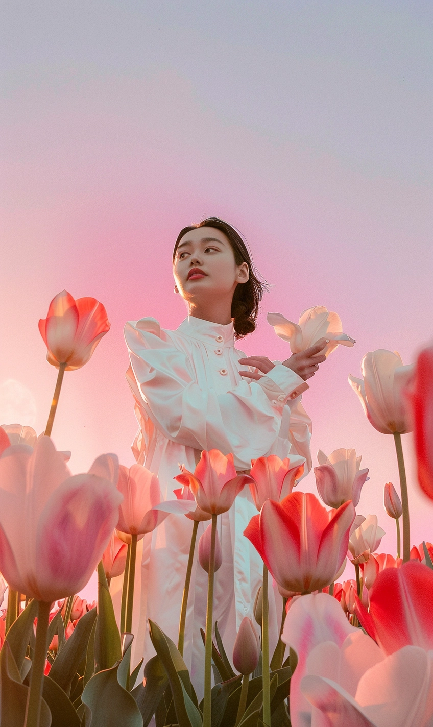 White dressed woman among tulips: Minimalist dreamlike portrait