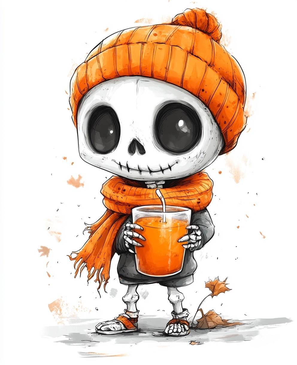 Charming Chibi Skeleton with Pumpkin Juice Clipart