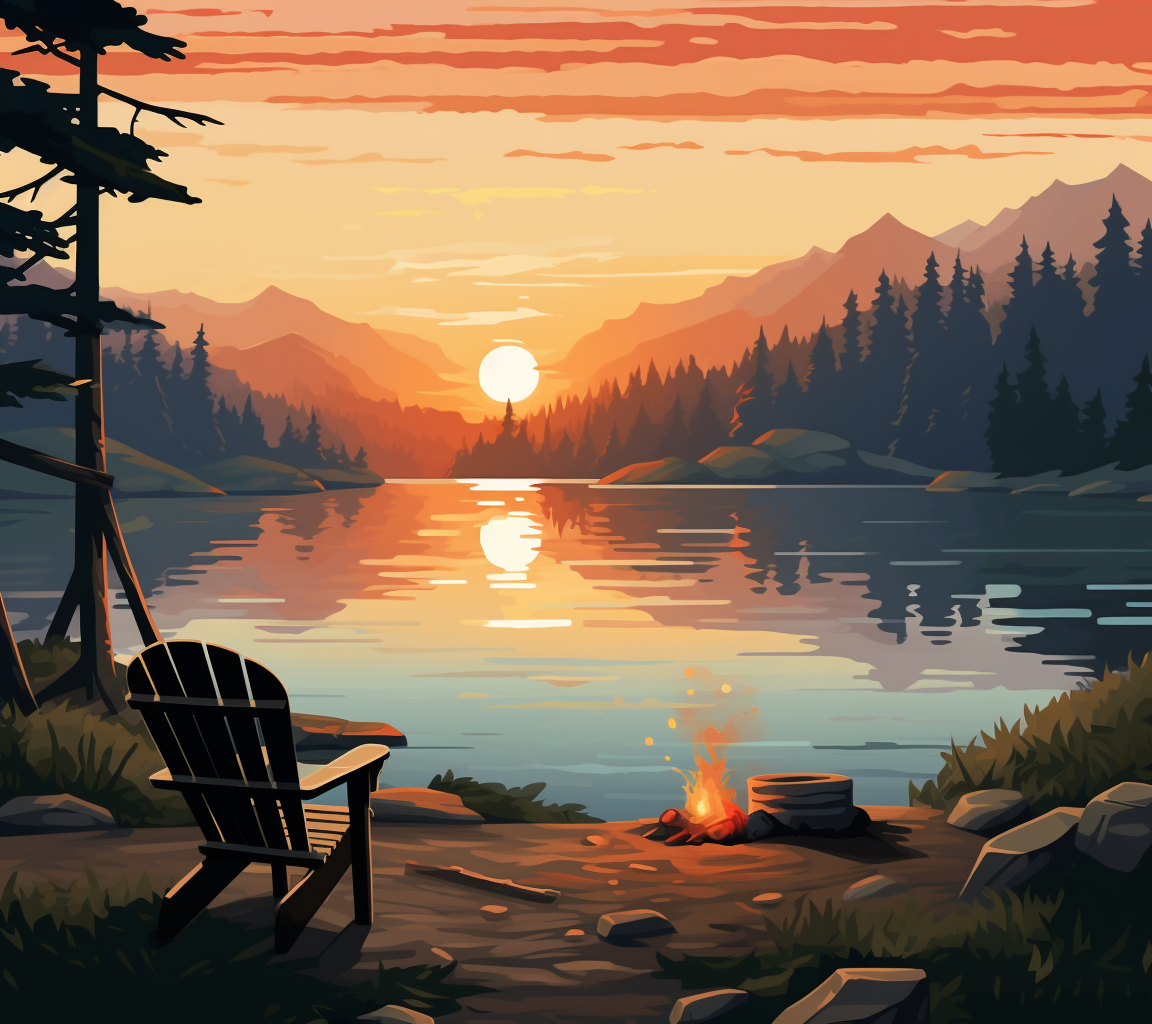 Sunrise Camping: Serene Lakeside Landscape with Mist, Mountains & Campfire