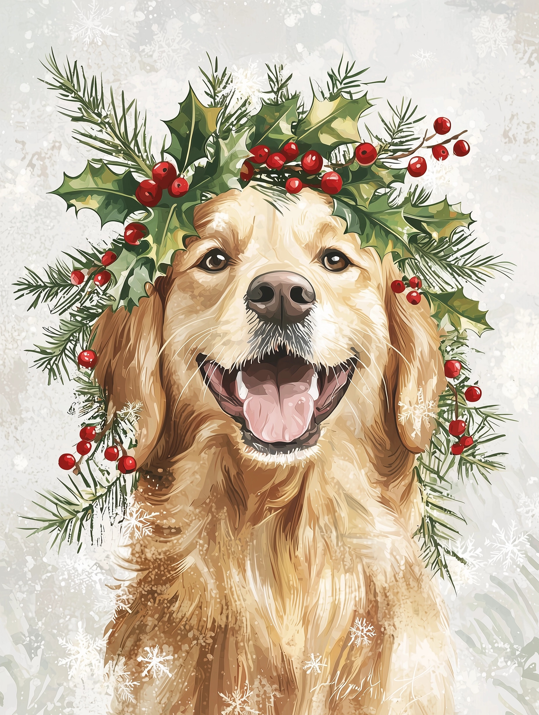 Joyful Golden Retriever in Holiday Wreath Design