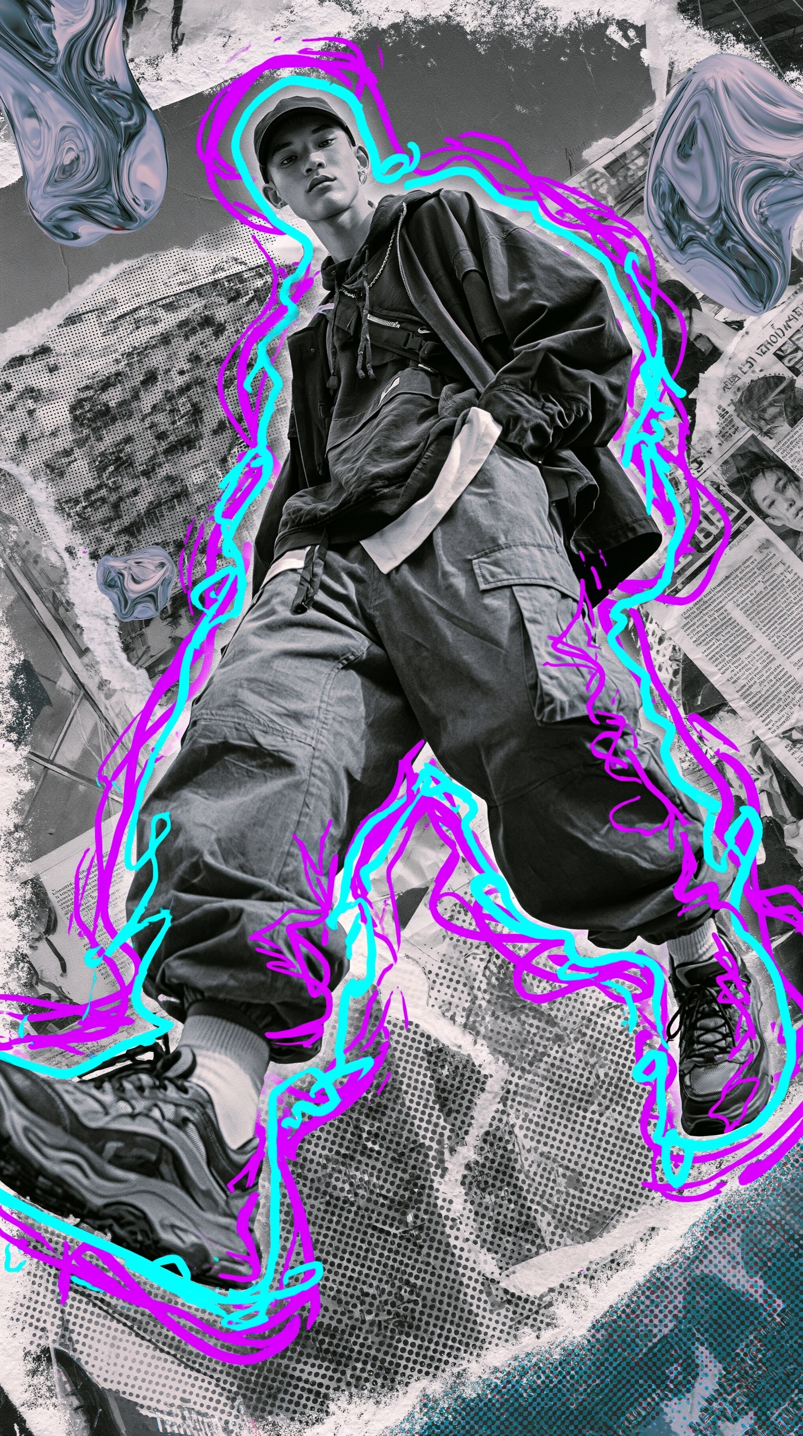 Trendy Youth in Bold Streetwear: Neon Collage Vibes