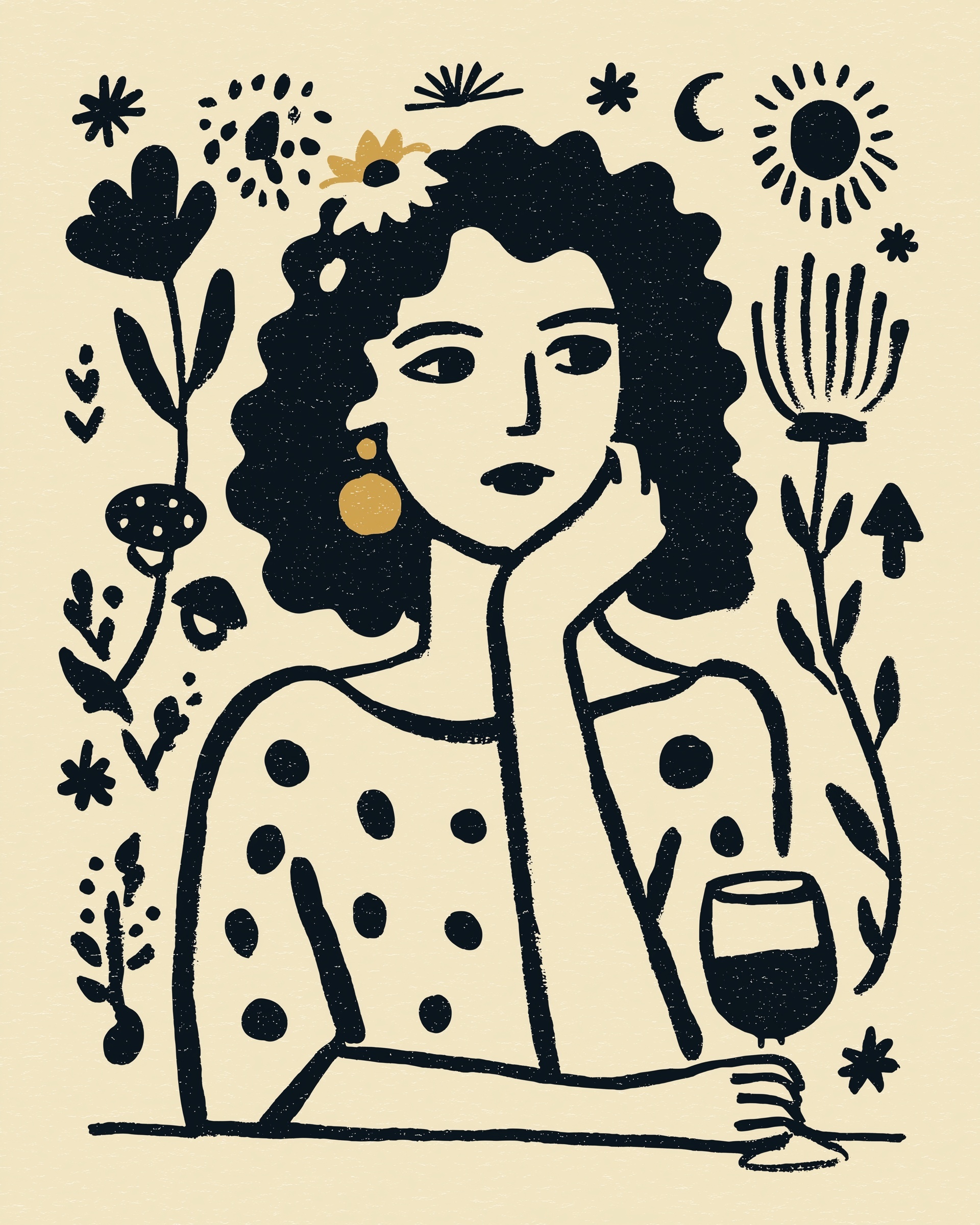 Bohemian Beauty: Vibrant Linocut Illustration