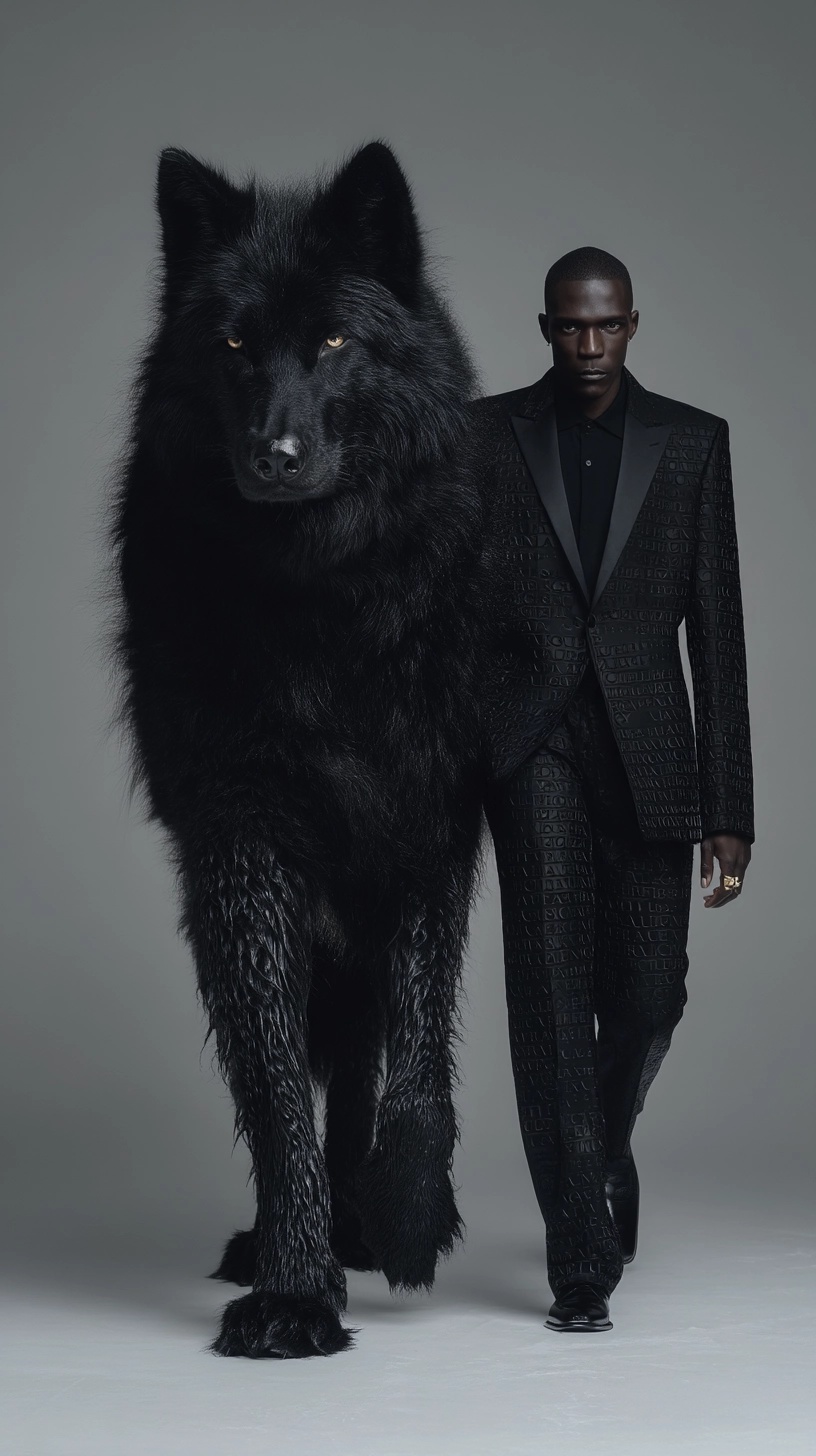 Bold Elegance: Man and Wolf in Perfect Harmony