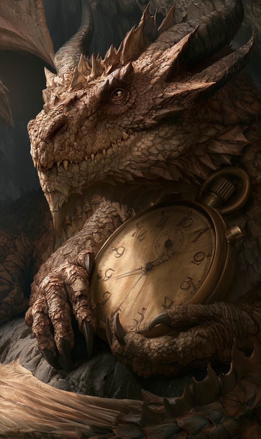 Epic Dragon with Stopwatch in Rocky Cave