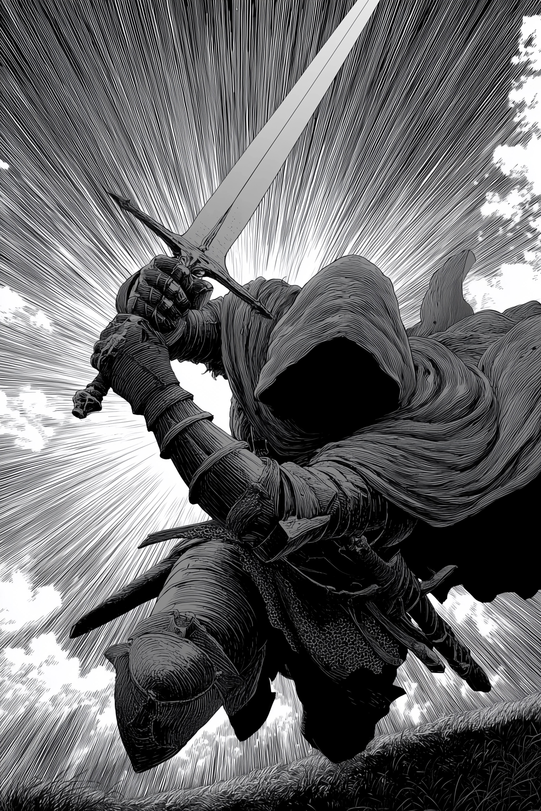 Dynamic Knight in Black Armor: Dark Fantasy Art