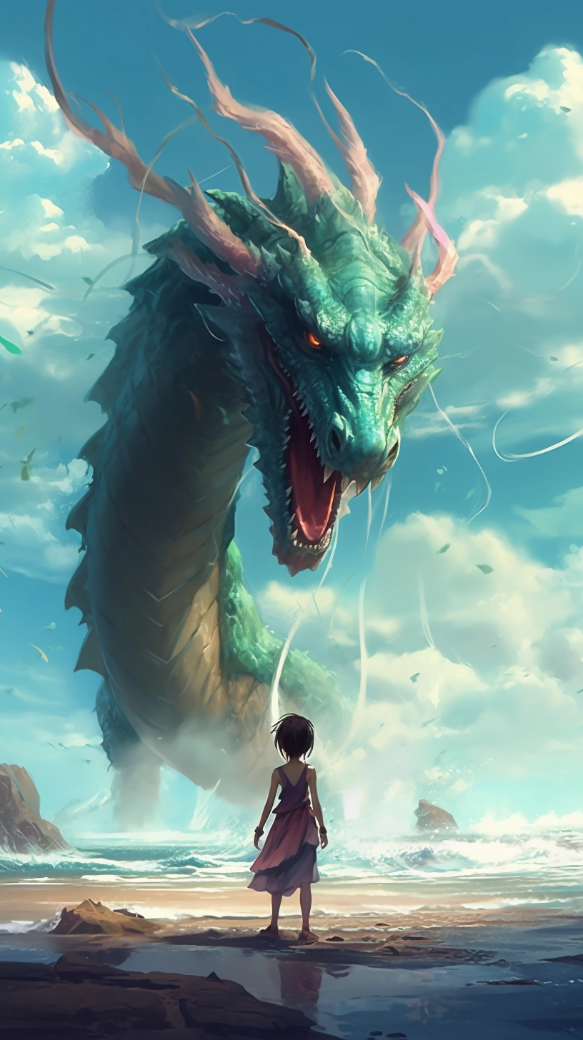 Fantasy Art: Woman and Dragon on Beach