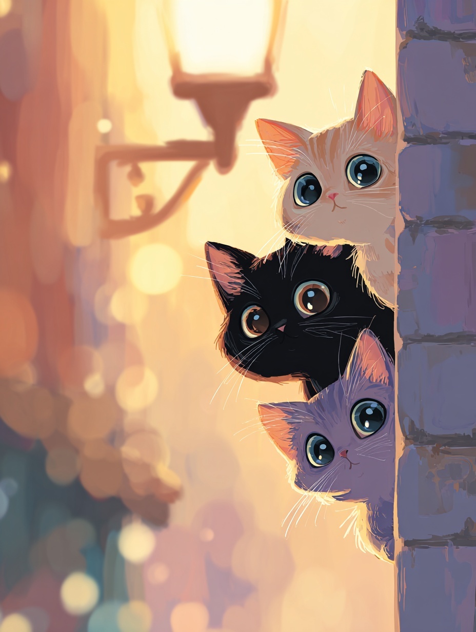 Playful Kittens with Luminous Eyes Peeking Around Corners