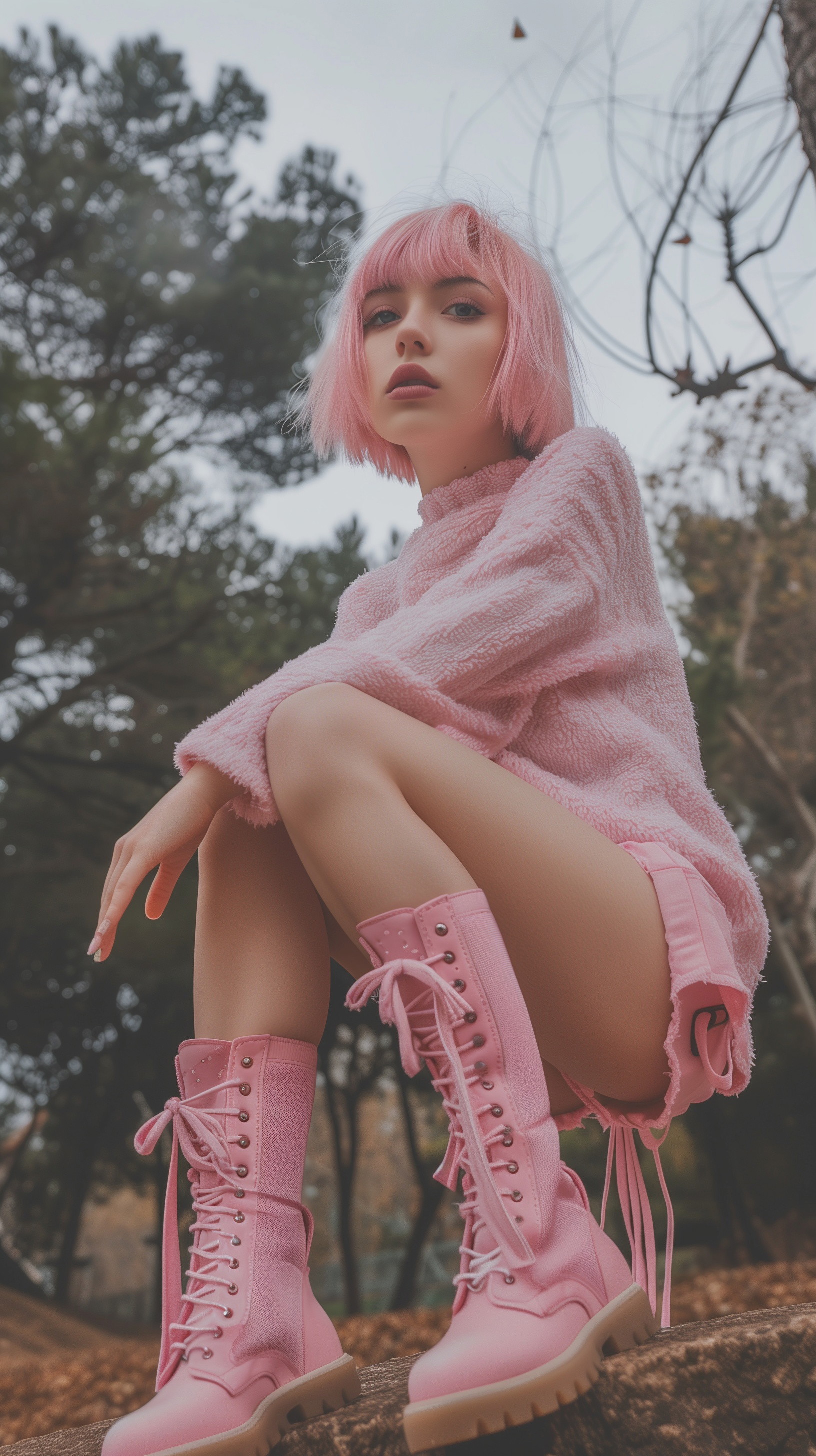 Cute Emo Teen in Pink Outfit at Barcelona Park