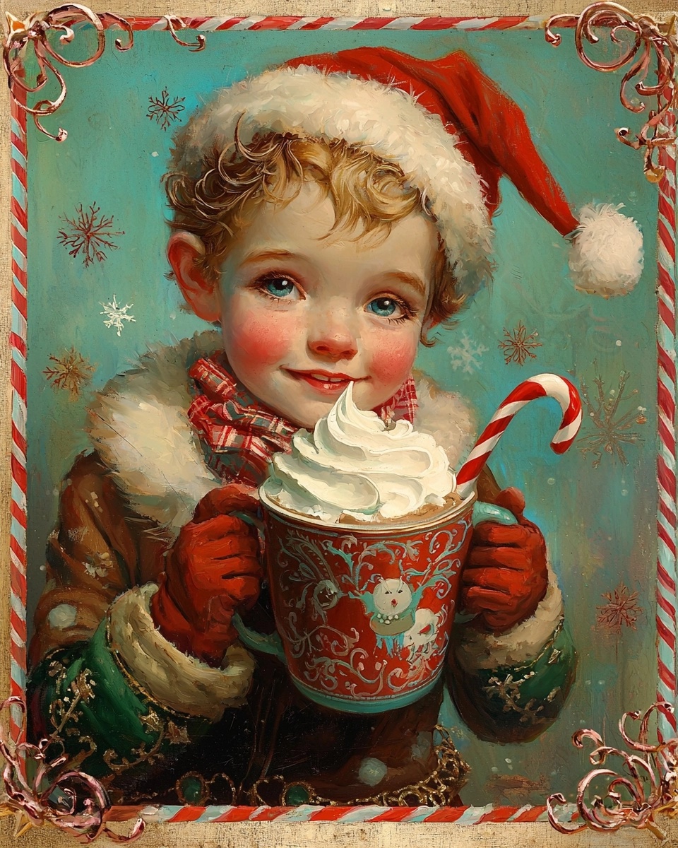 Vintage 1960s Christmas Elf with Hot Cocoa Art